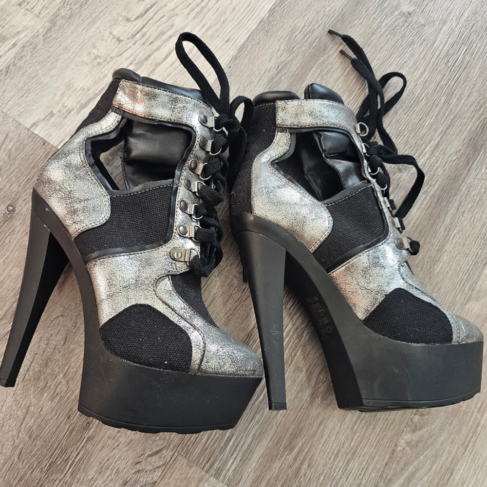 Silver‎ Metallic Black Cut Out Platform Lace Up Stiletto Ankle Boots Size 6